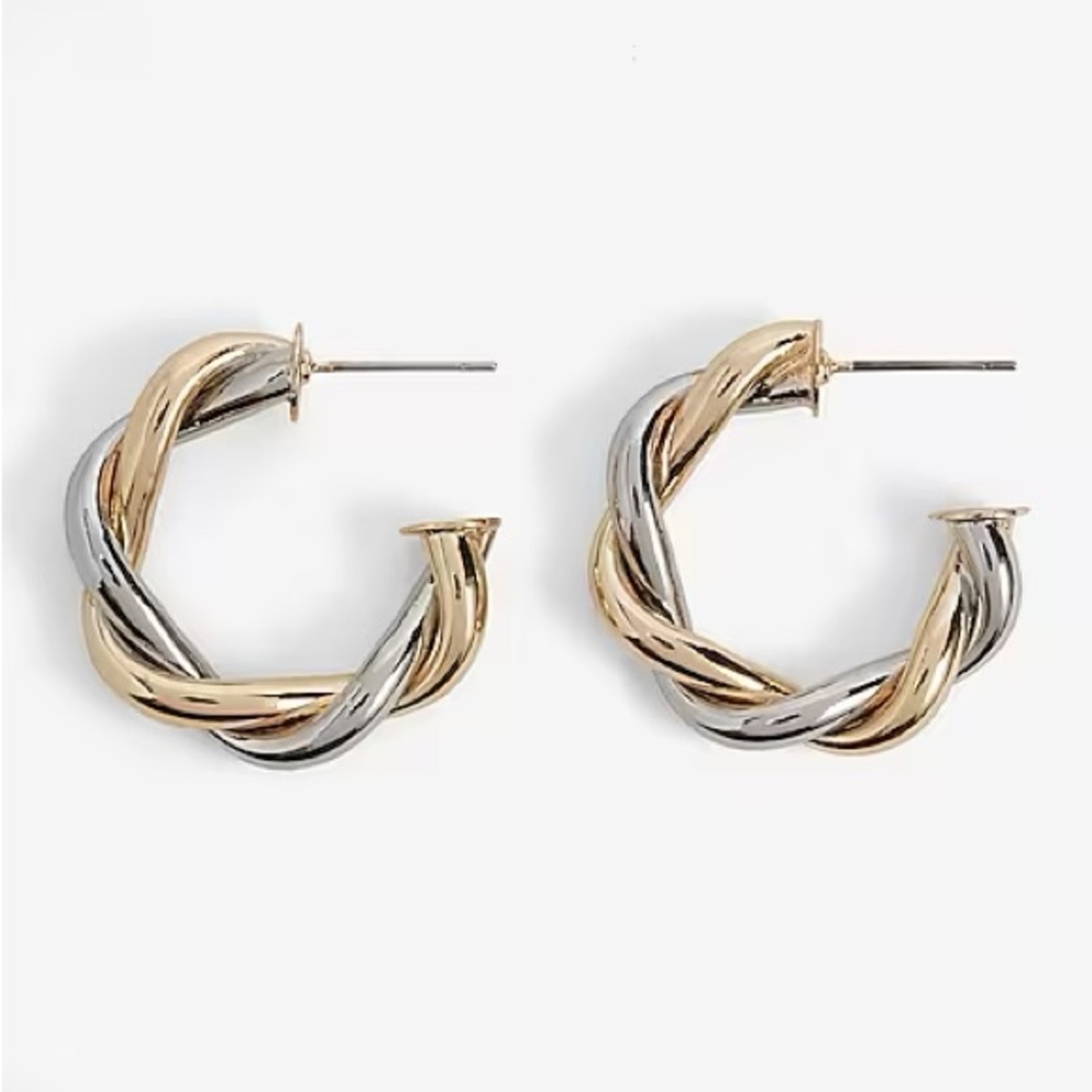 MIXED METAL TWISTED POST BACK HOOP EARRINGS.